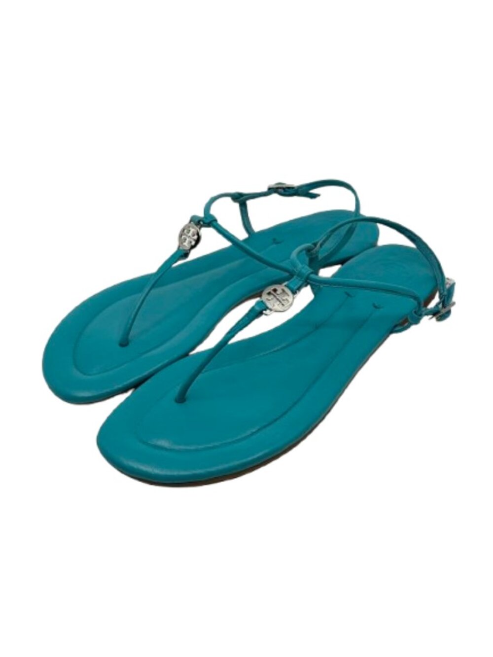 TORY BURCH~Emmy~TURQUOISE BLUE LEATHER GOLD LOGO T-STRAP SANDALS Size 9.5